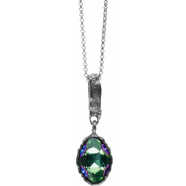 Artisic silver necklace with green crystal